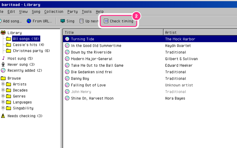 The library with a song selected and Check timing in the toolbar